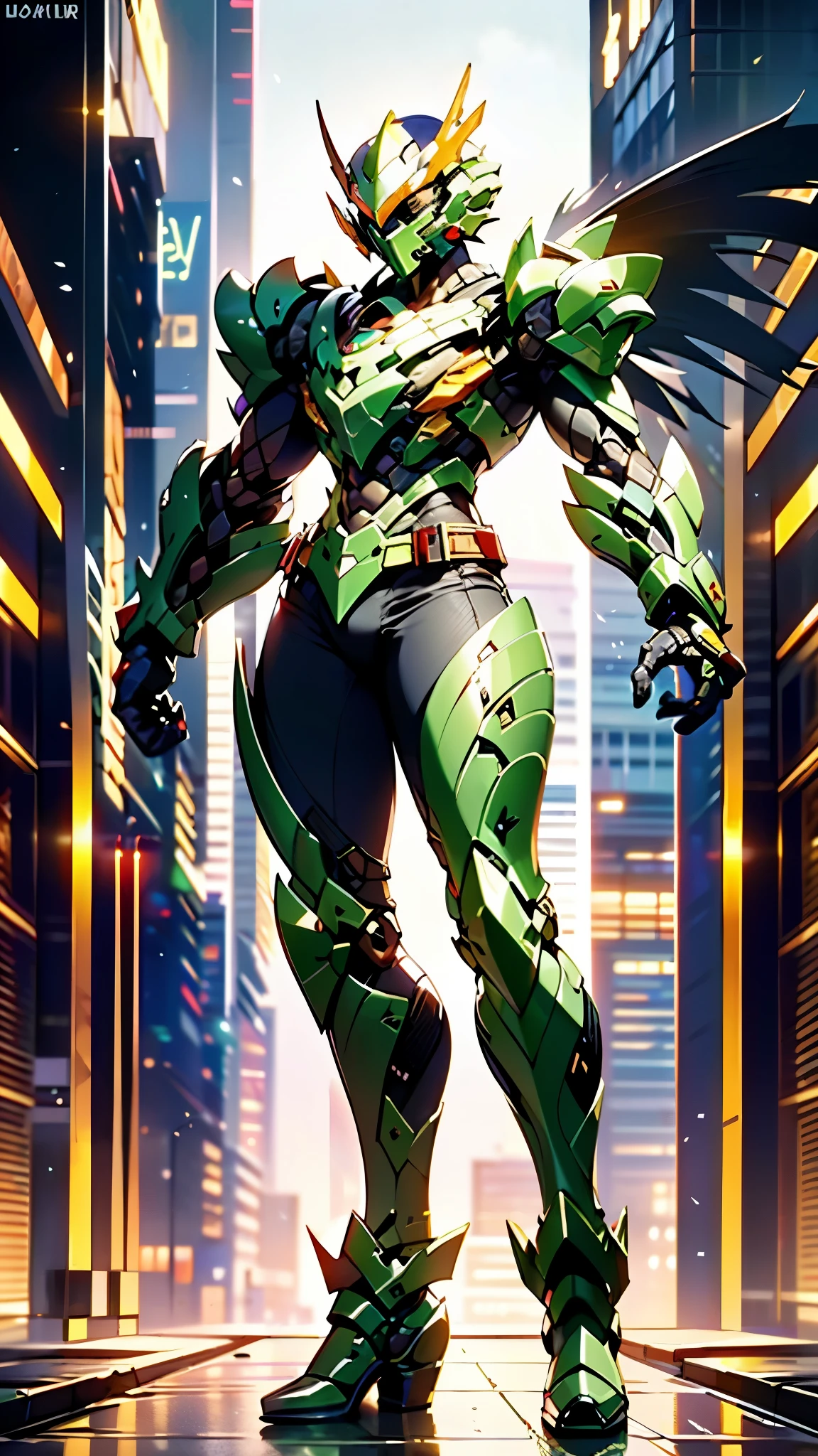 A man wearing a full-face helmet, a fantasy-style biotech armored combat suit, green eyes, (a composite layered chest armor), fully enclosed shoulder guards, matching arm and leg guards, the belt is adorned with exhaust pipes, (the color scheme is primarily black glow with green and red accents), the design balances heavy with agility, a high-tech bio-mecha armor, (Armor Concept Inspired by Cyberpunk motorcycle, stand on the top of a skyscraper in a futuristic sci-fi city), this character embodies a finely crafted fantasy-surreal style armored hero in anime style, exquisite and mature manga art style, (battle damage, element, plasma, energy, the armor glows), ((male:1.5)), metallic, real texture material, dramatic, high definition, best quality, highres, ultra-detailed, ultra-fine painting, extremely delicate, professional, perfect body proportions, golden ratio, anatomically correct, symmetrical face, extremely detailed eyes and face, high quality eyes, creativity, RAW photo, UHD, 32k, Natural light, cinematic lighting, masterpiece-anatomy-perfect, masterpiece:1.5