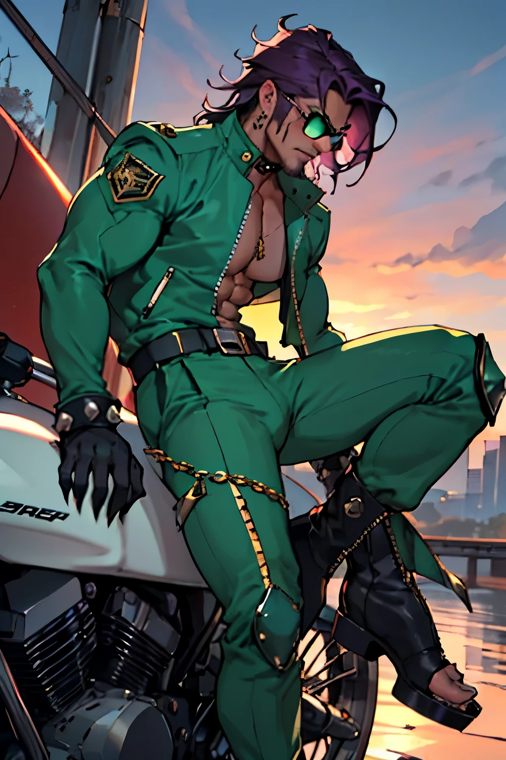 ((best quality)), ((masterpiece)), (detailed), perfect face,indian dark skin, very long dark purple hair, cracked tinted sunset small circular sunglasses, leather dark green catsuit spikes,very spiky shoulder pads with gold plate, spiky gold knee pads with angry faces, muscle, boob window, gold high heels with spikes, ripped pants, zippers on pants, chest hair, cleavage, spikes, rips, zippers, sunset iris eyes, playful, male, masucline, tight clothing, golden chains, gold jewelery , gold piercings, gold rings, leather gloves, bdsm, dominant, sexy, golden piercing , dark green clothing, hairy, sports cap, dark green leather, monochromatic outfit, green leather, spikes belt, gold claws, open toe military boot, spikes choker, chin beard, croching, anime main character, open toe, biker, cute,gay, biker catsuit, longer hair, green boots, gold claws, more zippers