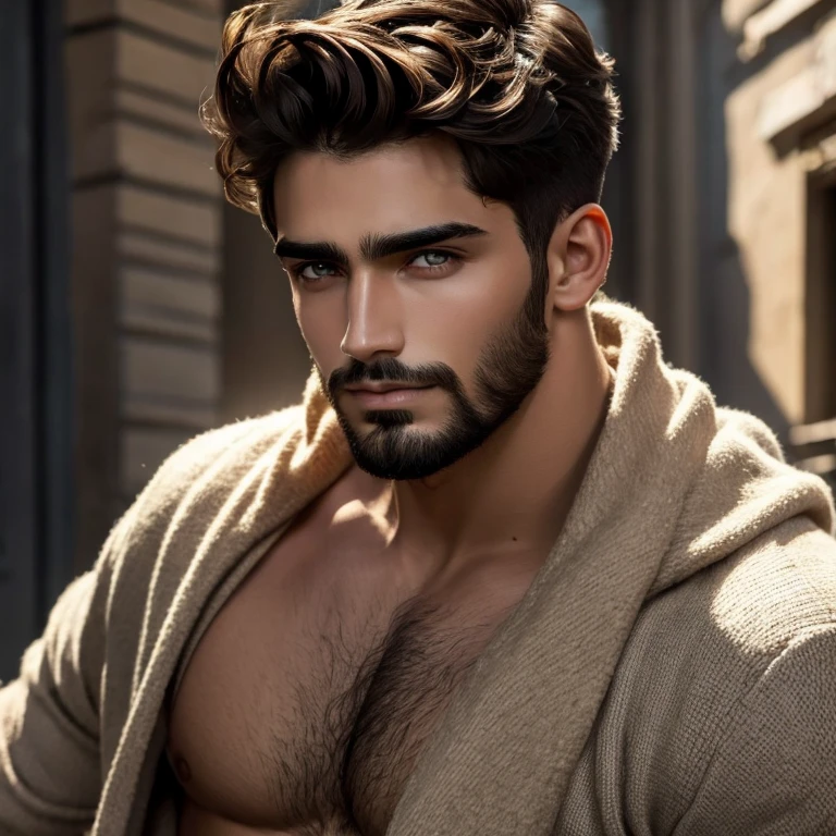 Hombre joven, Brown hair, ojos oscuros, barba incipiente, piel morena, cejas gruesas 