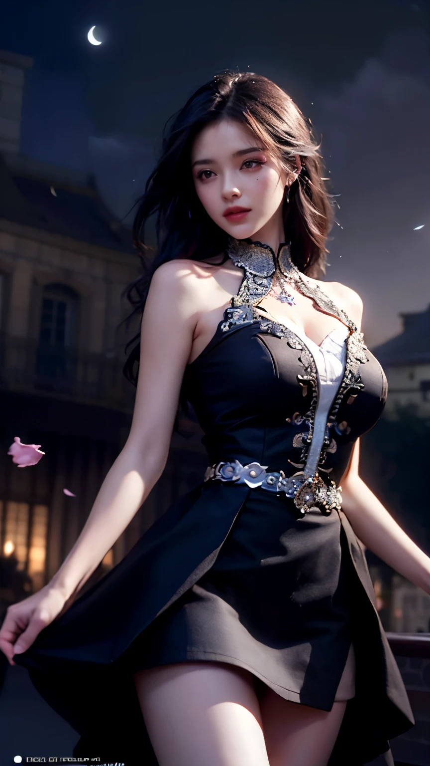 masterpiece, best quality, 1girl, (colorful),(finely detailed beautiful eyes and detailed face),cinematic lighting, bust shot, extremely detailed CG unity 8k wallpaper, white hair, solo, smile, intricate skirt,((flying petal)),(Flowery meadow) sky, cloudy sky, building, moonlight, moon, night, (dark theme:1.3), light, fantasy