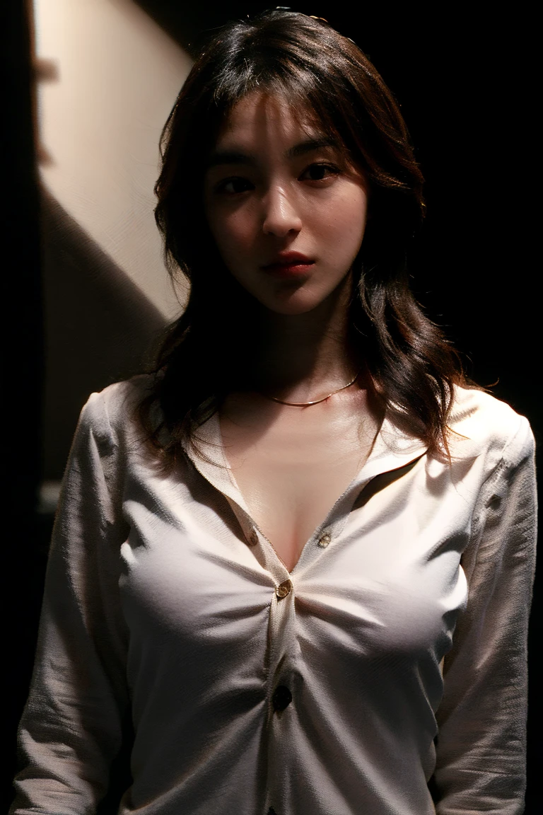 photorealistic, masterpiece, best quality, raw photo, 1girl, medium breasts, long hair, brown hair, collared shirt, looking at viewer, dynamic lighting, in the dark, deep shadow, low key, intricate detail, detailed skin, pore, highres, hdr