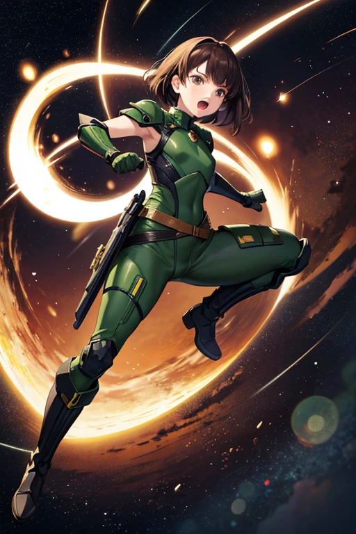 Anime drawings、Full body portrait、Space SF fighter、A female martial artist, about 155cm tall and about 26 years old, wearing dark green body armor, is in a fighting stance.、Open mouth and screaming、Very short brown hair、Large gloves、boots、Flat chest