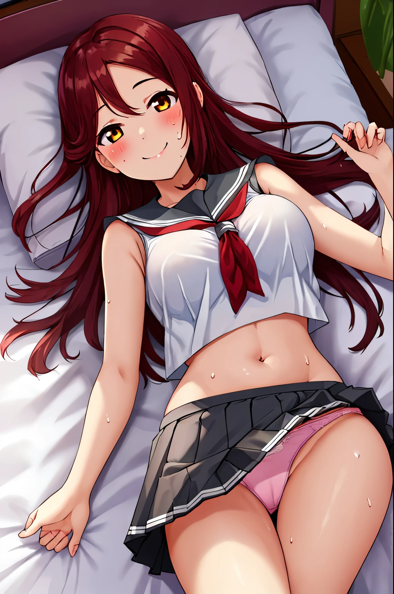 Masterpiece,best quality,Solo, Sakurauchi riko, long hair, blush, love scene, skirt, sleeveless, pleated skirt, standing, serafuku, grey skirt, uranohoshi ,side breast,navel,thicc thighs , laying on bed,on back, lovely smile, sweaty , panties ,big breasts ,cameltoe