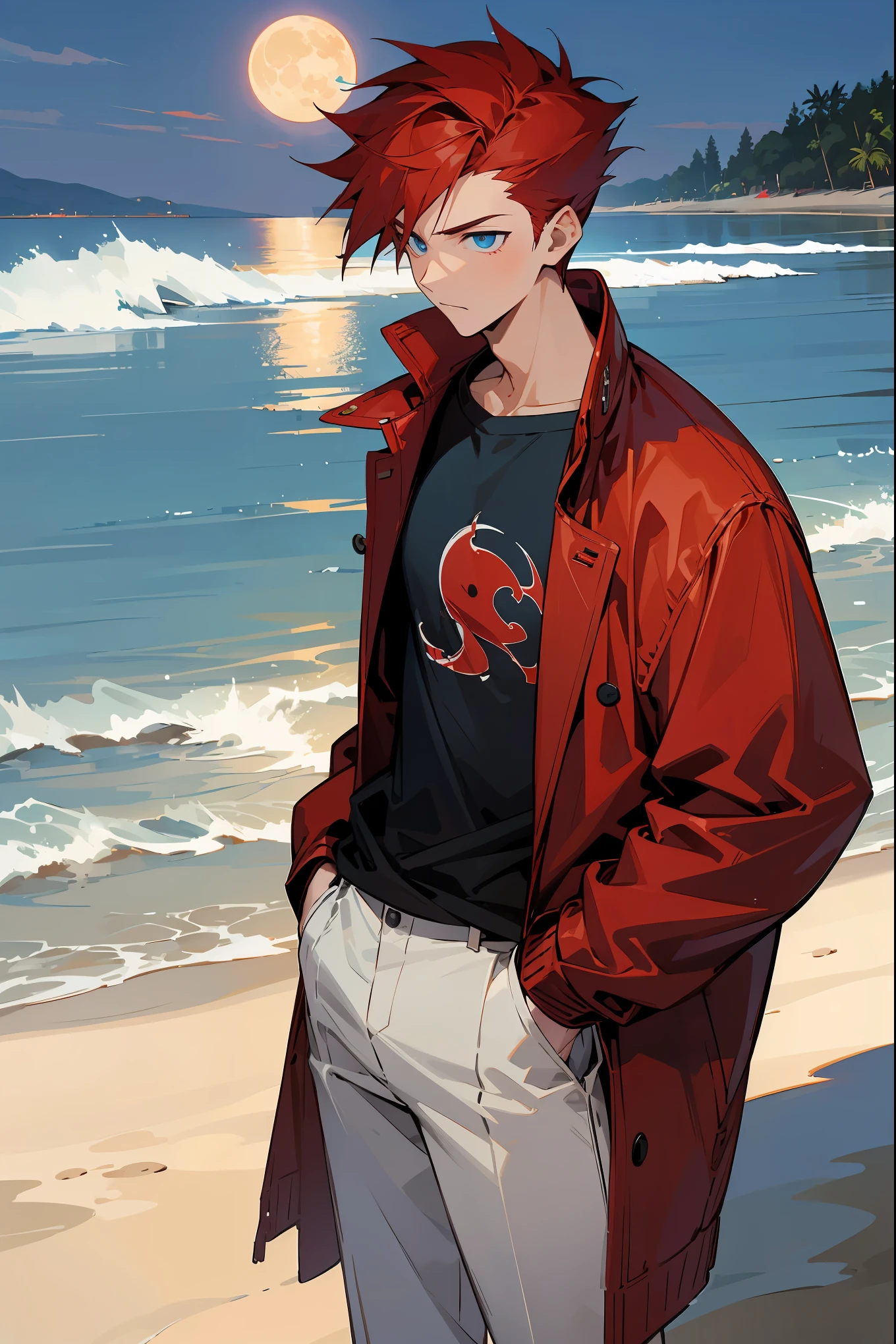 1male, red hair, forward swept spiked hair, short hair, blue eyes, patterned eyes, expressionless, detailed face, white undershirt, red baggy print jacket, white pants, beach background, night time, moon, moonlight reflecting on water, light reflection, detailed background, standing on path, standing on sand, hands in pockets, muscular build, ager