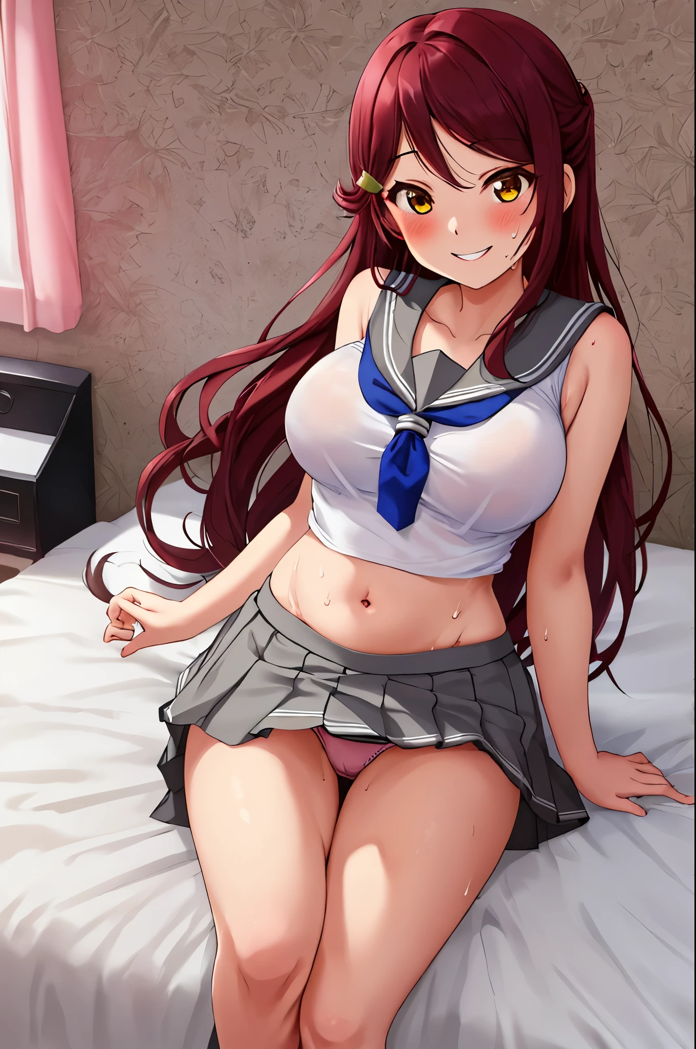 Masterpiece,best quality,Solo, Sakurauchi riko, long hair, blush, love scene, skirt, sleeveless, pleated skirt, standing, serafuku, grey skirt, uranohoshi ,side breast,navel,thicc thighs , laying on bed,on back, lovely smile, sweaty , panties ,big breasts ,cameltoe