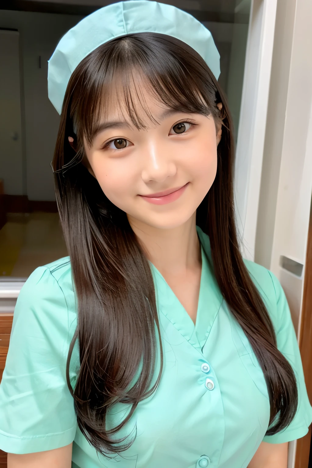 A 20-year-old woman with a cute idol-like face.。Gentle and cute。Please smile kindly。Her job is a nurse、The nurse's uniform is a miniskirt that shows her cleavage Supporting the body of an elderly person Whole body Full body portrait RAW Photos Genuine Real Stick Photo Ultra-high resolution life No copyright notice