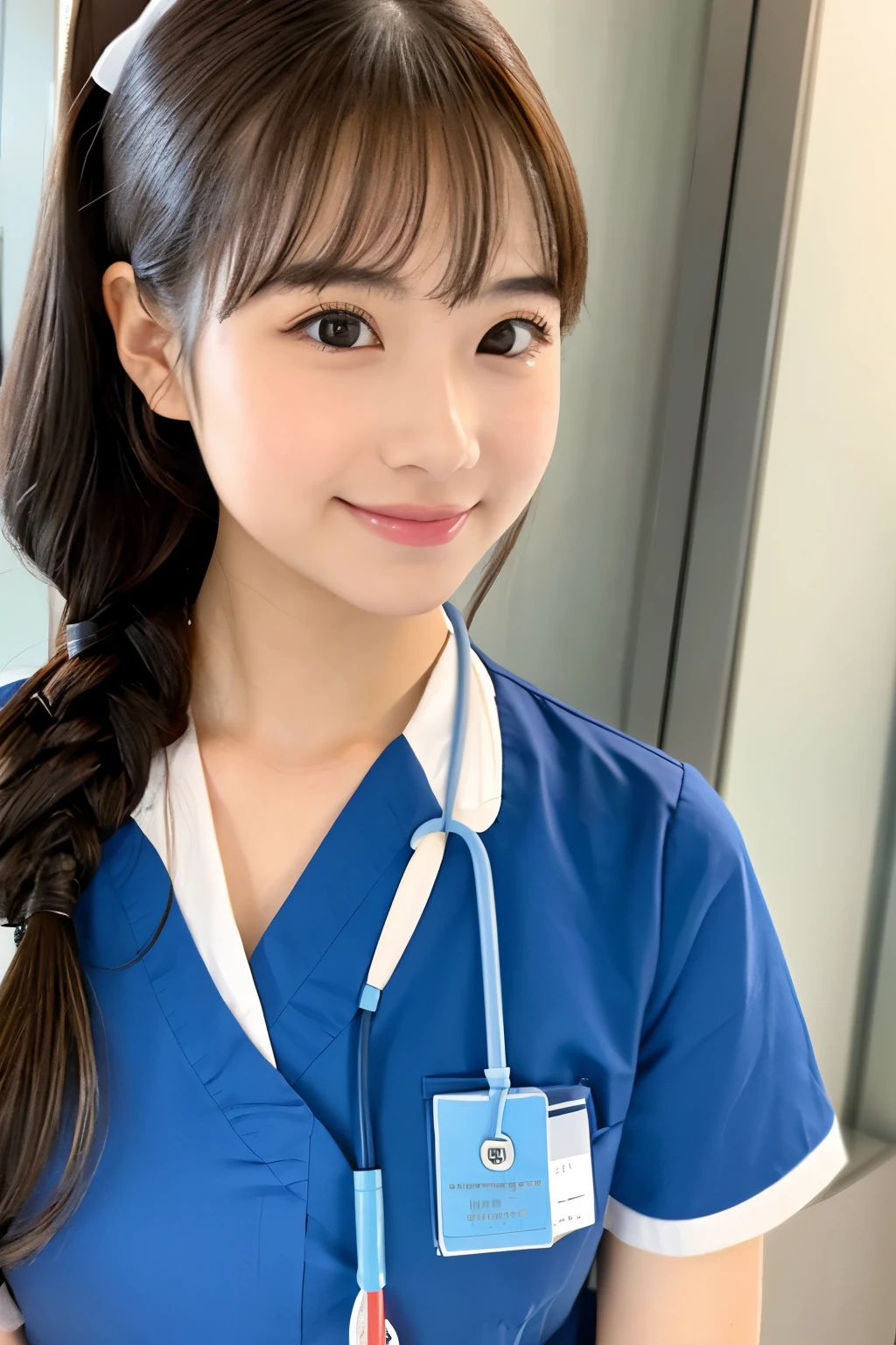 A 20-year-old woman with a cute idol-like face.。Gentle and cute。Please smile kindly。Her job is a nurse、The nurse&#39;s uniform is a miniskirt that shows her cleavage　Supporting the body of an elderly person　Whole body　Full body portrait　RAW Photos　Genuine　Real Stick Photo　Ultra-high resolution　life　No copyright notice