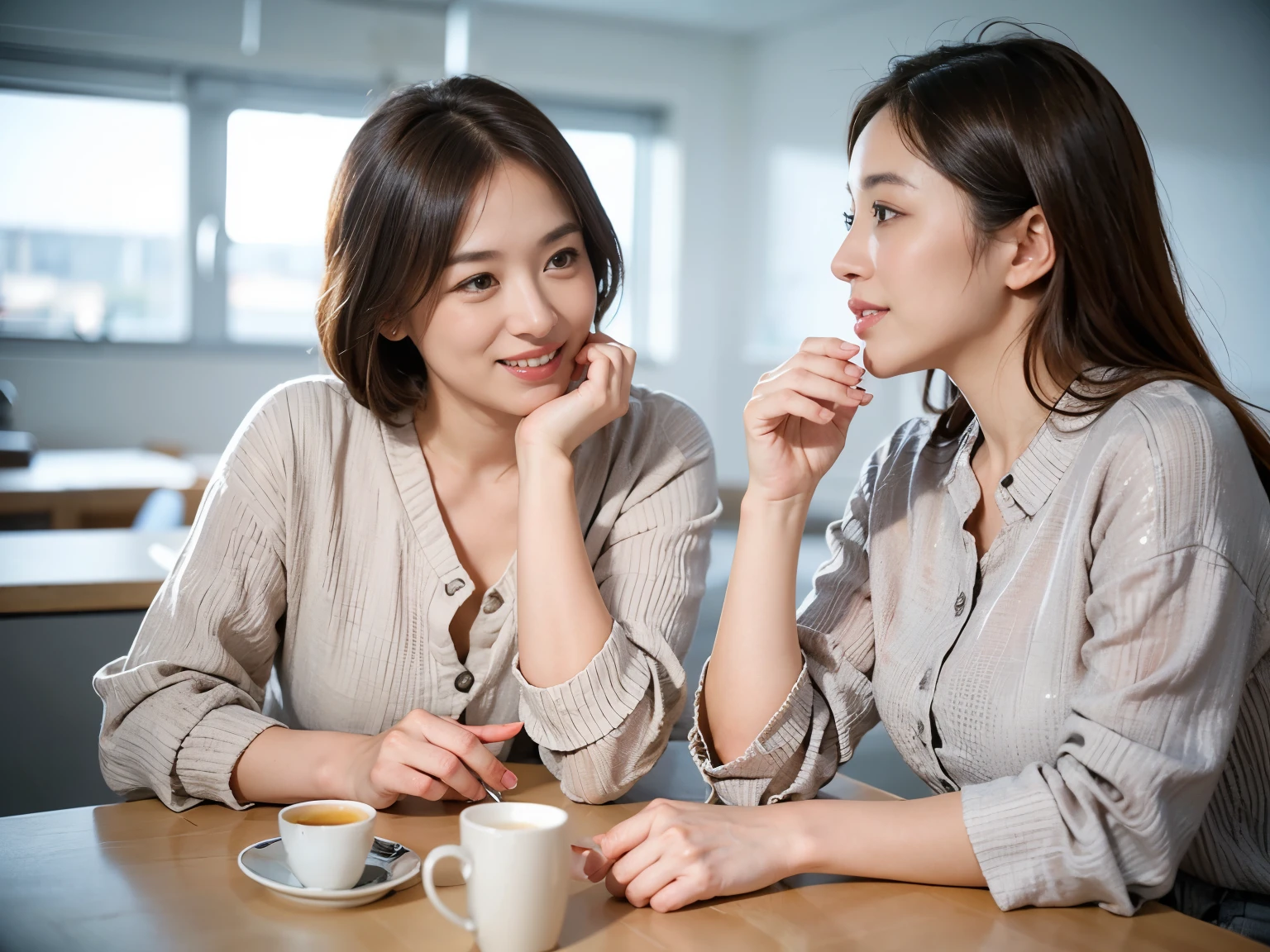Two Japanese business people are talking while looking at each other, Realistic, Realistic, Realistic body shape, Very detailed, highest quality, 8k, Sharp focus, High resolution, Ideal ratio, Anatomically perfect, detailed face