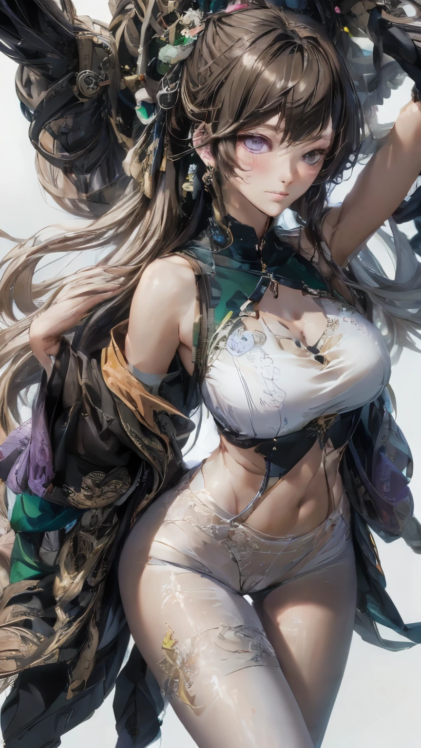 italian girl anime version (Controlling wind energy, Purple eyes and light brown medium hair, Italian green and black sleeveless clothes and jackets)