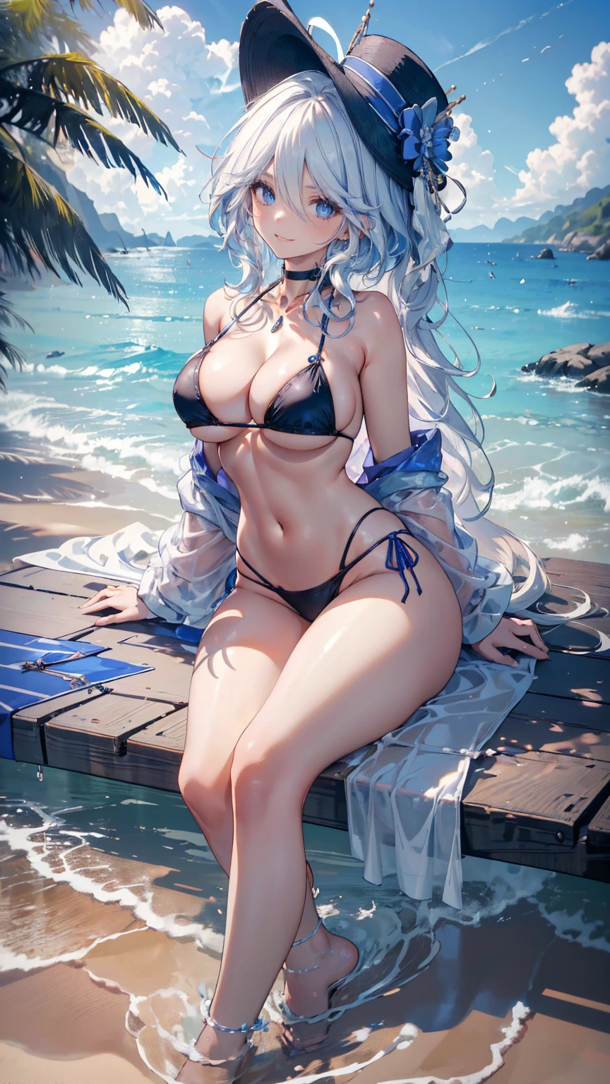 ((masterpiece, high resolution, better quality, better details)), (anime), a woman lying on a bed on the beach, ((toothy smile)), ((royal blue micro bikini with black details)), ((thong bikini)), cleavage, black neck choker, large straw hat, white hair with blue highlights, shiny skin, ((slender body)), front view, beach landscape, wide hips, slim waist, big breasts,