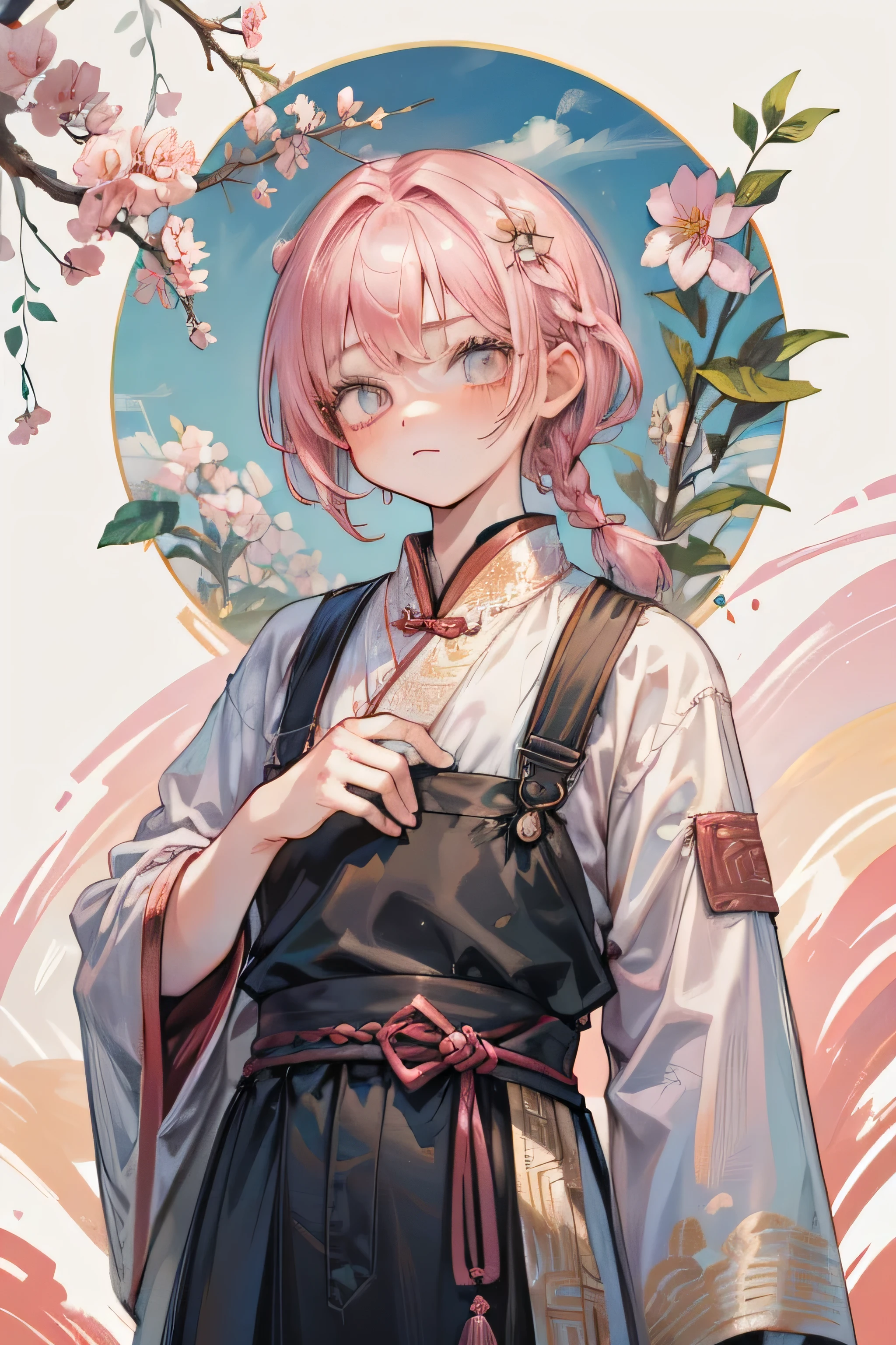 Pink haired cute young boy, Short wavy hair with a side braid, Red Ancient Chinese clothes, Gardener, Floral vibes, pastel colors, soft solo, lookinf at camera, Determined expression.