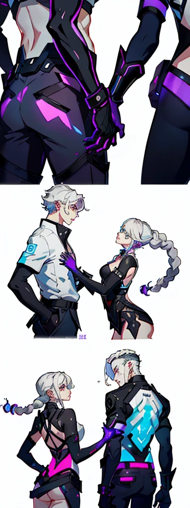 Disorganized、Man and woman couple、highest quality、Masterpiece、Official Art、16K、The best composition、The best light source、The girl has milky white hair with purple inner color, twin long braids, and black clothes in a cyberpunk style.、The man has milky white short hair and a cyberpunk look in white and light blue.、They are gazing at each other lovingly.、A kind smile、