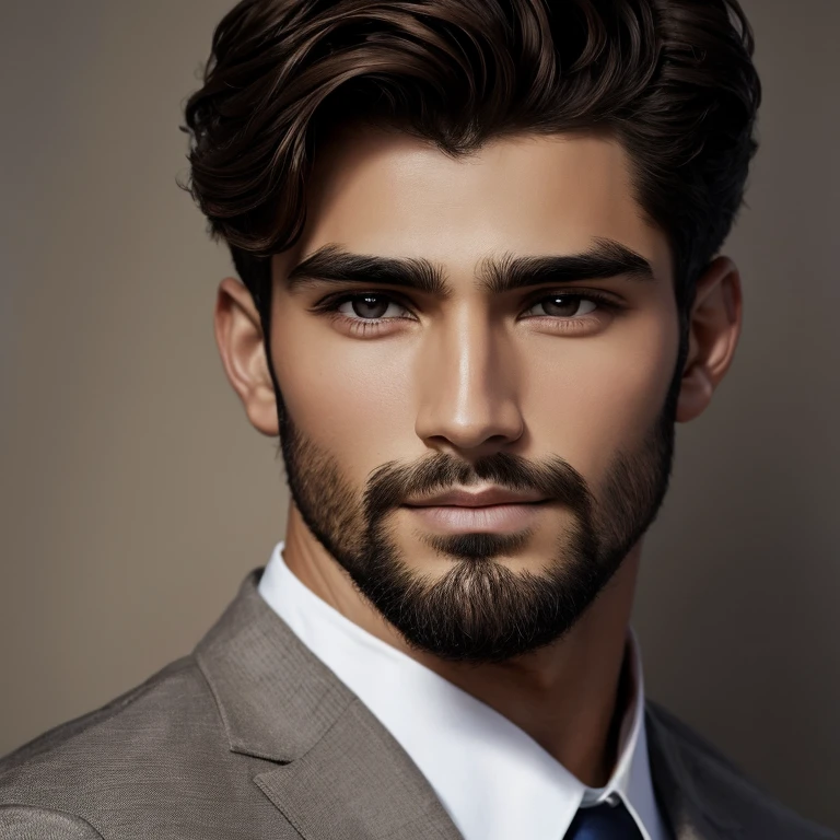 Hombre joven, Brown hair, ojos oscuros, barba incipiente, piel morena, cejas gruesas, juvenil, formal 