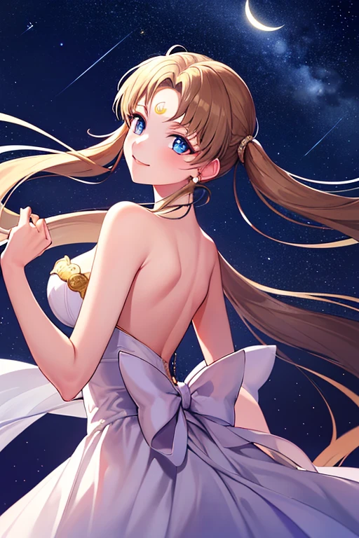 ((best quality)), ((highly detailed)), masterpiece, absurdres, (detailed eyes, deep eyes), (1girl), dynamic pose, long dark brown hair (to her back), smiling, Princess_white_strapless_dress_huge_back_bow_Golden_crescent_forehead_mark, (at a floating island, midnight, night sky, stars, moonlight, shooting star)