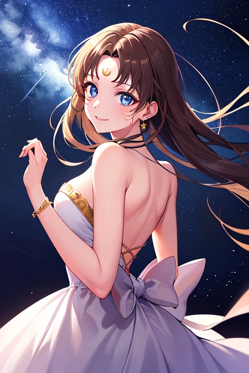 ((best quality)), ((highly detailed)), masterpiece, absurdres, (detailed eyes, deep eyes), (1girl), dynamic pose, long dark brown hair (to her back), smiling, Princess_white_strapless_dress_huge_back_bow_Golden_crescent_forehead_mark, (at a floating island, midnight, night sky, stars, moonlight, shooting star)