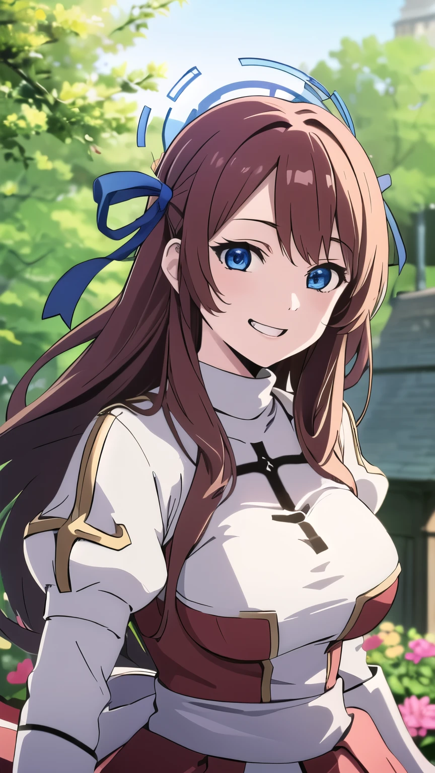 masterpiece, best quality, asuna ichinose, blue eyes, very long red hair, hair ribbon, solo, 1 girl, flower garden, outdoors, standing, cross, bow, grin, floating hair, looking at viewer, massive breasts, clock tower, front view, leaning forward, upper body, cowboy shot,