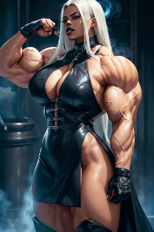 ((((Massive tall, beautiful, buff, brown skinned muscular woman with white hair, black lipstick, ginormous bulky muscles, welding blue flame and wearing a black leather minidress)))), close view, ((black lipstick)), massive muscle, massive biceps, hyper muscle shoulders, ((ginormous muscle arms)), hyper muscle triceps, (long hair), blue eyes, choker, (chain belt), black coat, black boots, (fingerless gloves), (ice smoke surrounding the body), in a darken skyscraper office, sexy glare, night, hyper vascular arm, hyper muscles arms, hyper muscle legs, (ginormous arms).