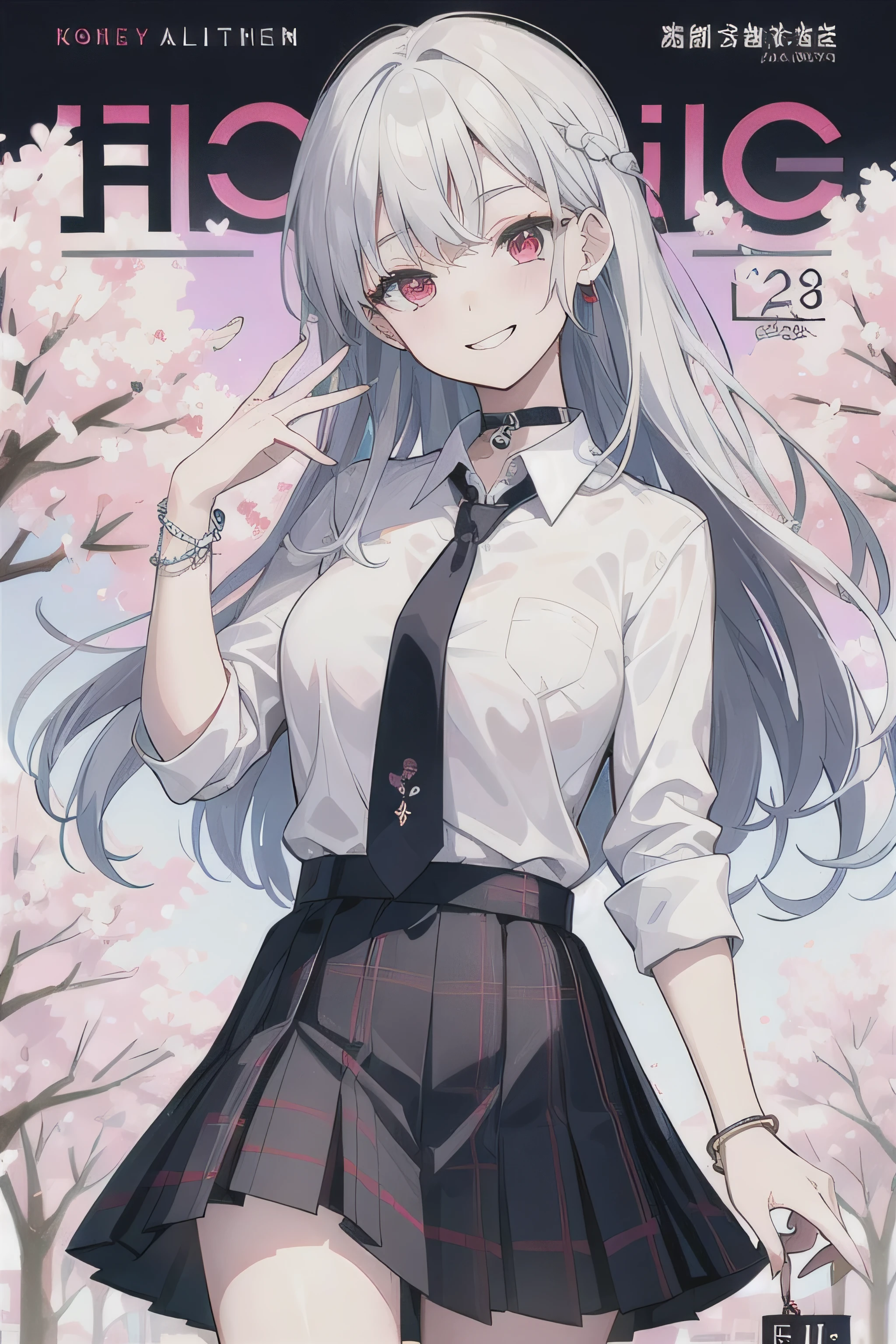 masterpiece, best quality,  full body,
1boy, bangs, black choker, black necktie, white hair, blue skirt, blush, bracelet, breasts, choker, clothes around waist, collarbone, collared shirt, cowboy shot, dress shirt, ear piercing, eyebrows visible through hair, gradient hair, grin, gyaru, jewelry, kogal, long hair, looking at viewer, loose necktie, necktie, piercing, plaid, plaid skirt, pleated skirt, red eyes, ring, , shirt, skirt, smile, solo, white shirt,
street, sky, cherry blossoms, petals,illustration, (magazine:1.3), (cover-style:1.3), fashionable, woman, vibrant, outfit, posing, front, colorful, dynamic, background,  elements, confident, expression, holding, statement, accessory, majestic, coiled, around, touch, scene, text, cover, bold, attention-grabbing, title, stylish, font, catchy, headline, larger, striking, modern, trendy, focus, fashion,