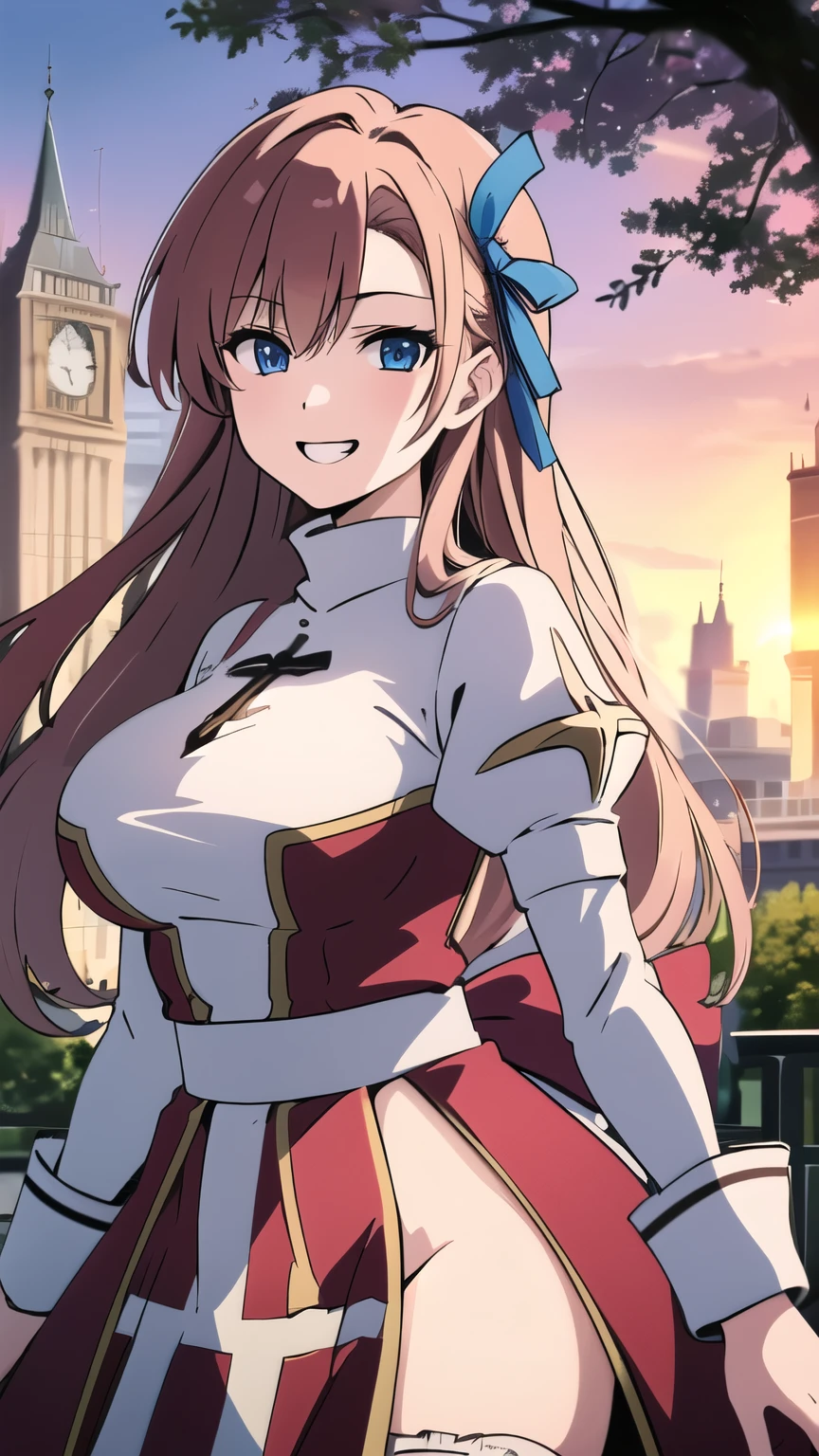 masterpiece, best quality, asuna ichinose, blue eyes, very long red hair, hair ribbon, solo, 1 girl, flower garden, outdoors, standing, cross, bow, grin, floating hair, looking at viewer, massive breasts, clock tower, front view, leaning forward, upper body, cowboy shot, sunset,
