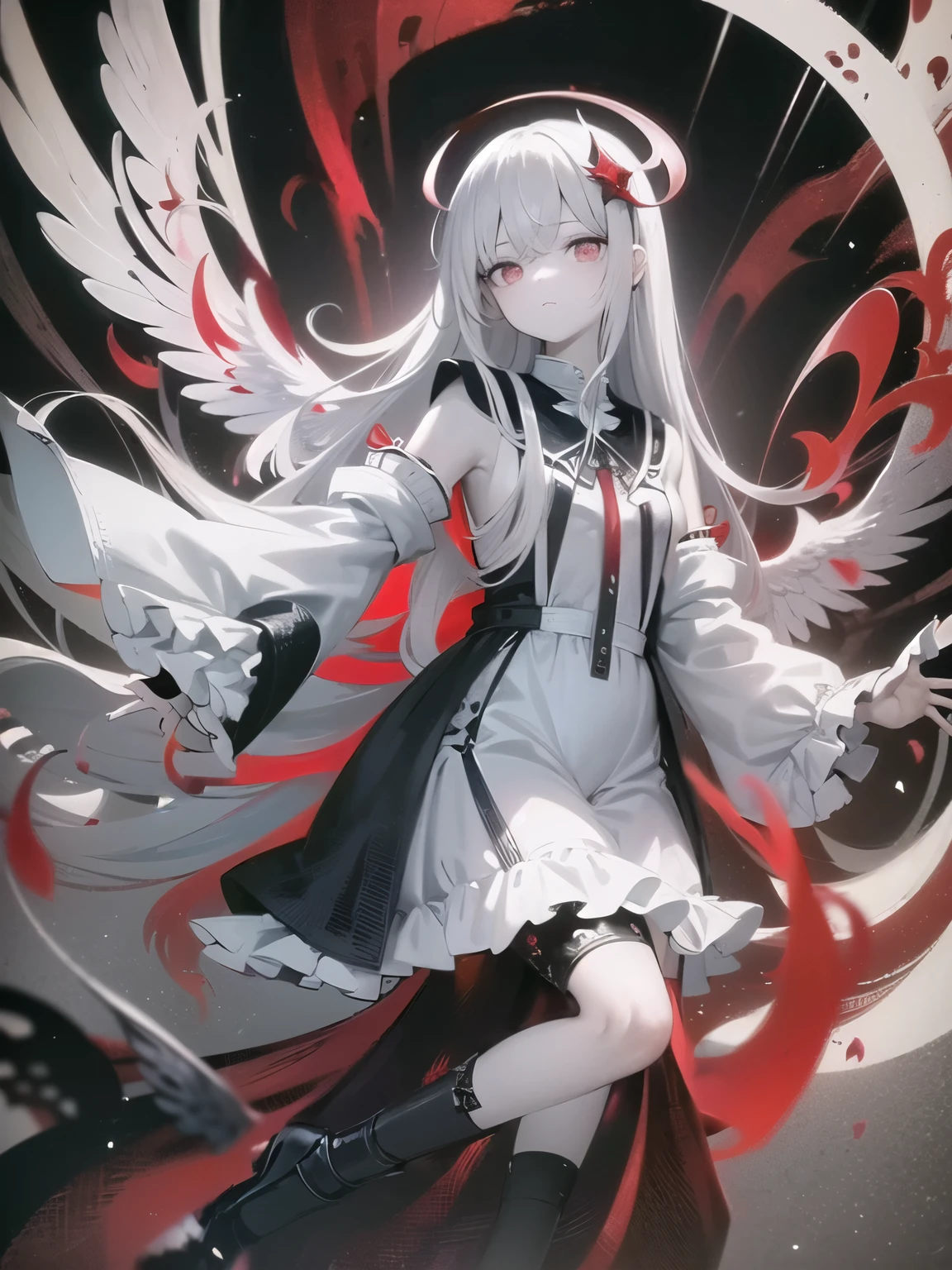 nonsense,((Masterpiece)),alone,beautiful hand,(dead angel(black and white and red,innocent,beautiful,mysterious,complicated,details)),She is walking on the black ocean.,Colorful refraction,Surreal,complicated,sky
