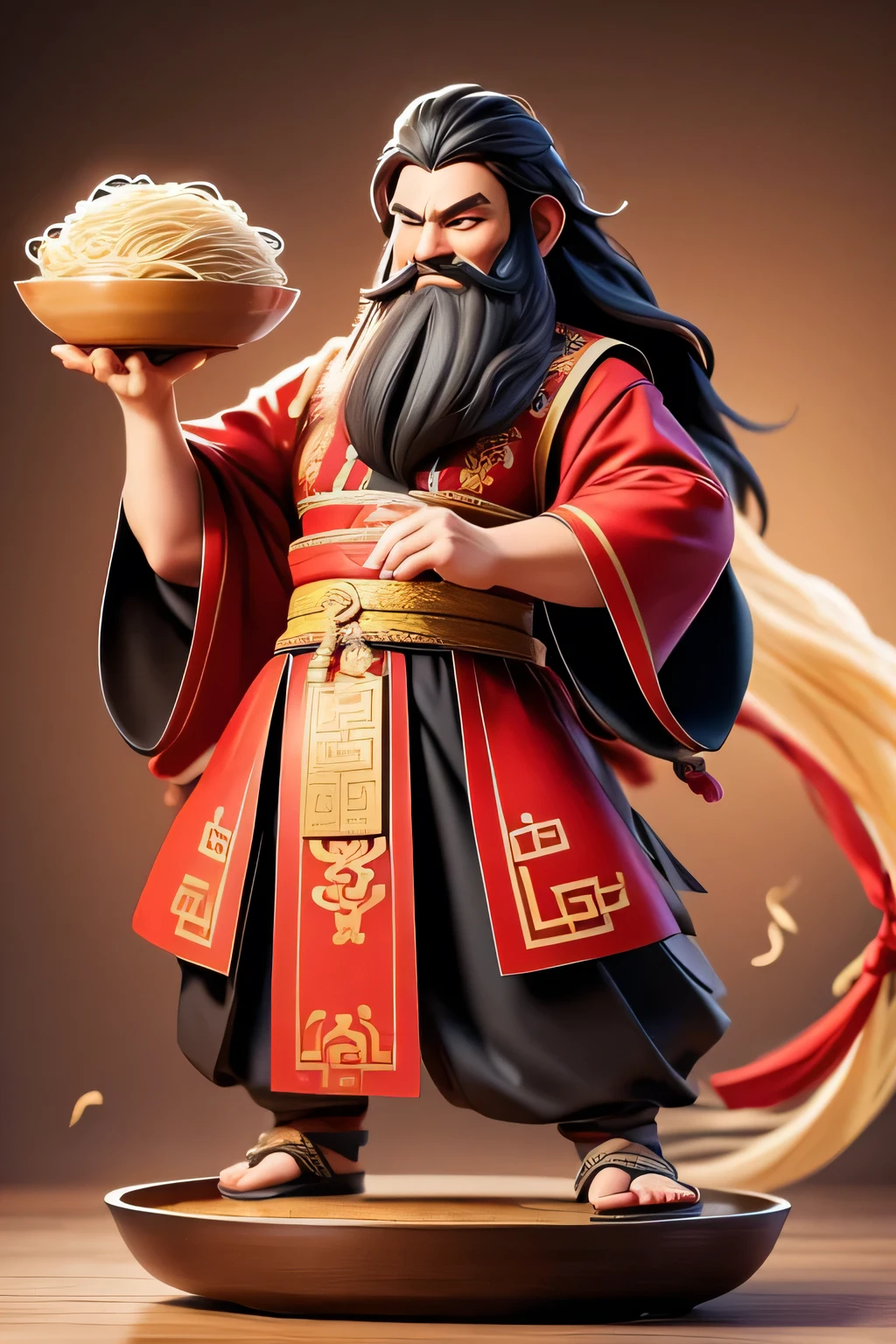 A middle-aged man,With beard and long hair,Wearing traditional Chinese clothing,Holding a big bowl of noodles,Full body HD picture,Hand gesture six