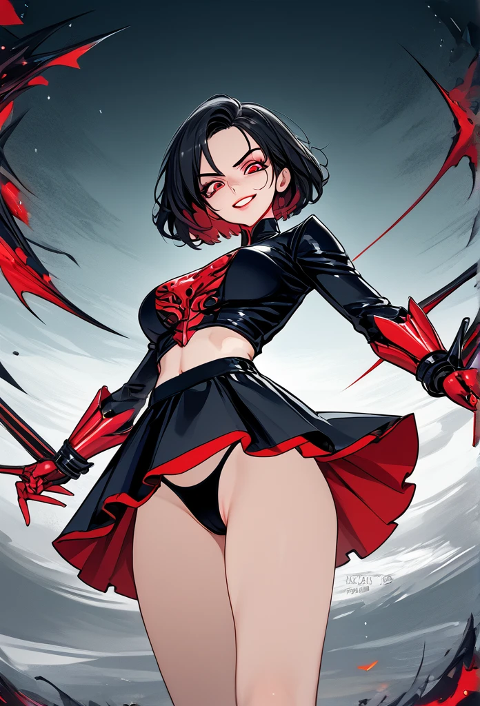masterpiece, best quality, cowboy shot, view from below, 1girl, looking at viewer, crimson eyes, cool beauty, short hairstyle, black hair, red strands of hair, sharp eyes, mature face, slim body, villain clothes clothes, crazed face, crazy smirk, lips, exotic clothes, midriff clothes, fit girl, fit body, wild appearance, wild style, stomping viewer, upskirt shot, thong
