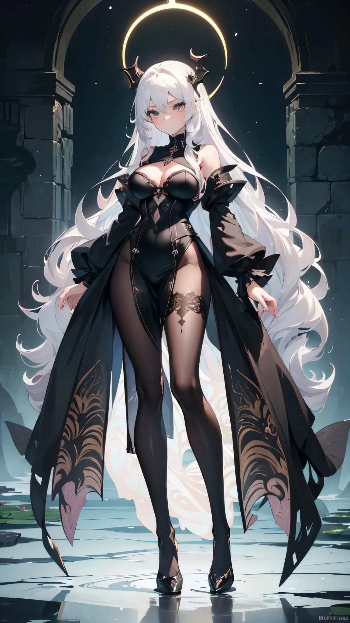 ((masterpiece, best quality)), Detailed face,Dragon Girl,Full body painting,Perfect body proportions,Large Breasts,Long legs,((Long wavy hair)), ((Half of her hair is white,The other half is black,Divided into two colors)),beautiful eyes,Fantasy style,extremely beautiful,Sky City,Lotus Pond,transparent,Sexy Lingerie,Lace,Pantyhose,exposed