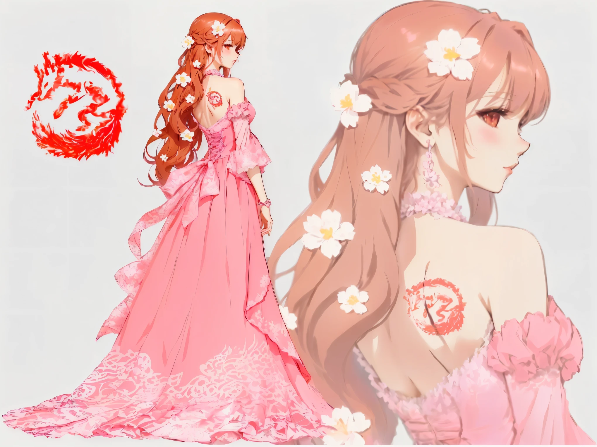 Anime girl in a pink dress with flowers in her hair and a clock, cute anime waifu in a beautiful dress, Kushart Krenz Kay Art for women, pixiv style, anime princess, beautiful anime style, beautiful anime style, made in an anime artist&#39;s studio, ((fair empress fantasy)), pixiv 3dcg, pixiv, high quality anime style, Red eyes, Red hair , fox tattoo
