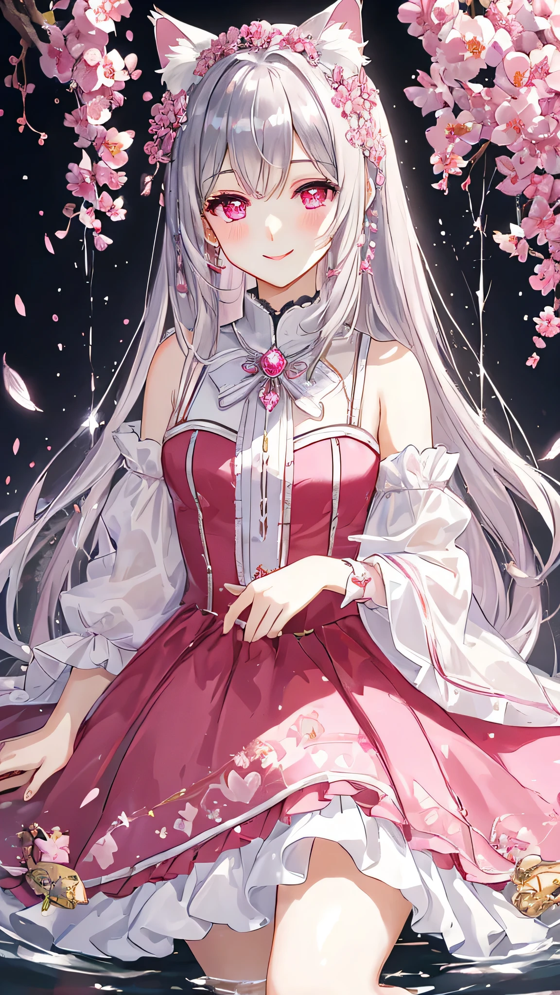 masterpiece,highest quality,Highly detailed face, Cherries,water effects、Light effects、Feather Effect,Sparkling eyes,Highlighted eyes, Medium chest,pretty girl,smile,Embarrassed,Cat ear,Beautiful silver hair,Pink inside,Beautiful pink eyes,
