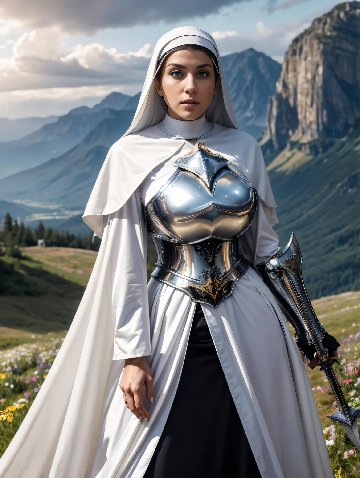 (masterpiece, top quality, best quality, official art, beautiful and aesthetic:1.2), (1girl:1.3), ((Sharp facial features, sharp features, hawkish features)), ((blue eyes)), busty brunette paladin knight girl, extremely detailed, portrait, looking at viewer, solo, (full body:0.6), detailed background, full-body shot, (warm mountain meadow theme:1.1), holy knight, (nun), charlatan, smirk, mysterious, swaying in mountains, armor, polished metal, gold trim, long boots, white fabric, pelvic curtain, robe, pale leather, ((((nun, greatsword, corona, holy aura, heavy armor, armored, long legs, pelvic curtain, toned, muscular)))), slim waist, slim hips, long legs, medieval (mountain exterior:1.1) background, dark mysterious lighting, shadows, magical atmosphere, dutch angle