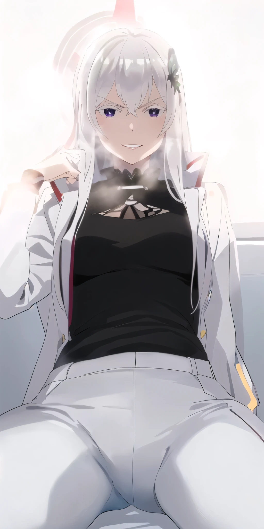 (long hair, silver hair:1.3), purple eyes, hair ornament, pale skin, curvy, anatomically correct, heavy breathing, small breasts, mature female, muscular female, anime - style image of a woman in a black top and white pants, gapmoe yandere, rogue anime girl ayanami rei, makoto kano, kaneki ken, anime character; full body art, rei ayanami, smooth anime cg art, artoria pendragon, yandere, ken kaneki, asuka suit under clothes!, (shaded face:1.2), hollow eyes, facing viewer, purple eyes, bright pupils, smirk, lips, upper teeth, glaring eyes,