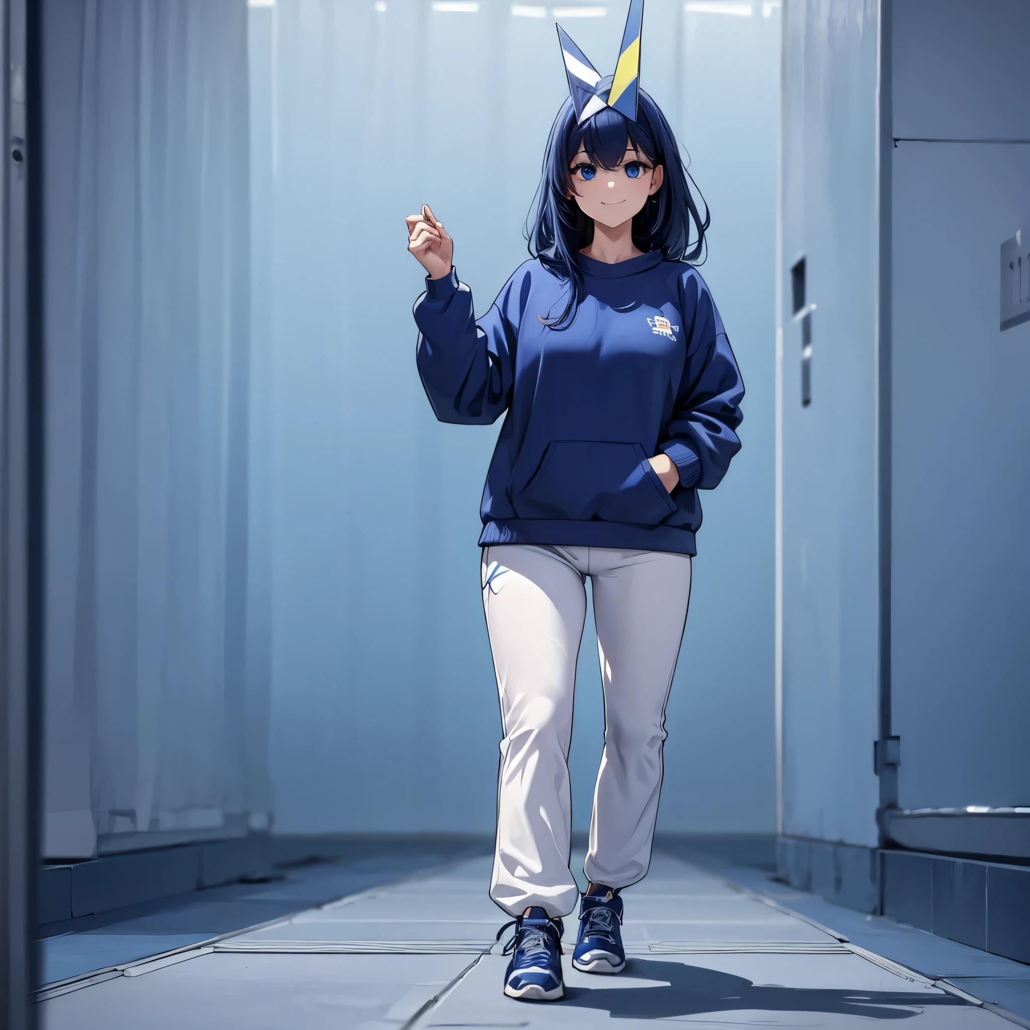 A woman wearing navy blue sweatshirt, long navy blue hair, blue eyes, smiling, wearing white pants, sports sneakers, walking on a futuristic white platform, with a background with white pillars,full body. shadow, flower, UHD, masterpiece, accurate, anatomically correct, textured skin, super detail, high quality, best quality, 8k, high resolution, bokeh effect. (woman solo)
