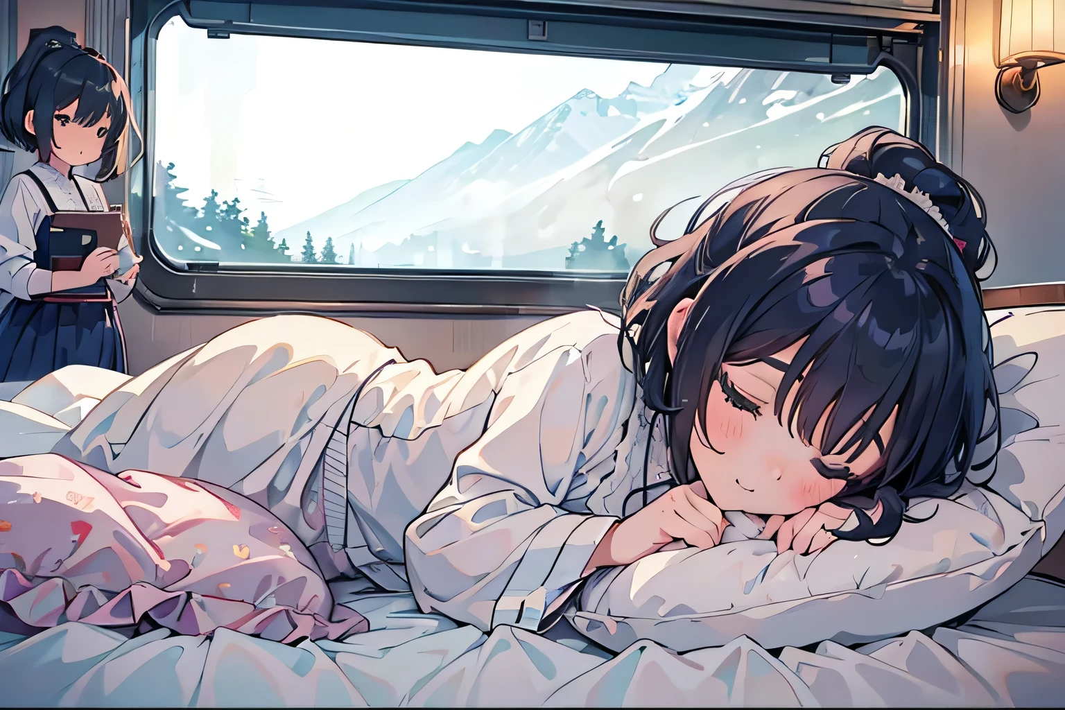 highest quality、High resolution、Detailed Background、(Beautiful face in every detail:1.4)、age beauty、(Two women:1.3)、Highly detailed face、Cute hair colour、ponytail、Bobcut、Cute hairstyle、well-groomed eyebrows、Cute gestures、Inside the sleeper train、Train Travel、Innocent smile、(Fit on one screen)、
(The girls sleep soundly:1.5)、
At night, the girls go to their beds.、
The way he curls up and breathes in his sleep makes him look like a little angel.、
As the train continues to run gracefully、The girls fall into a peaceful sleep、
Orient Express、A traditional sleeper train running from east to west across Europe、Elegant interior decoration and high-quality service