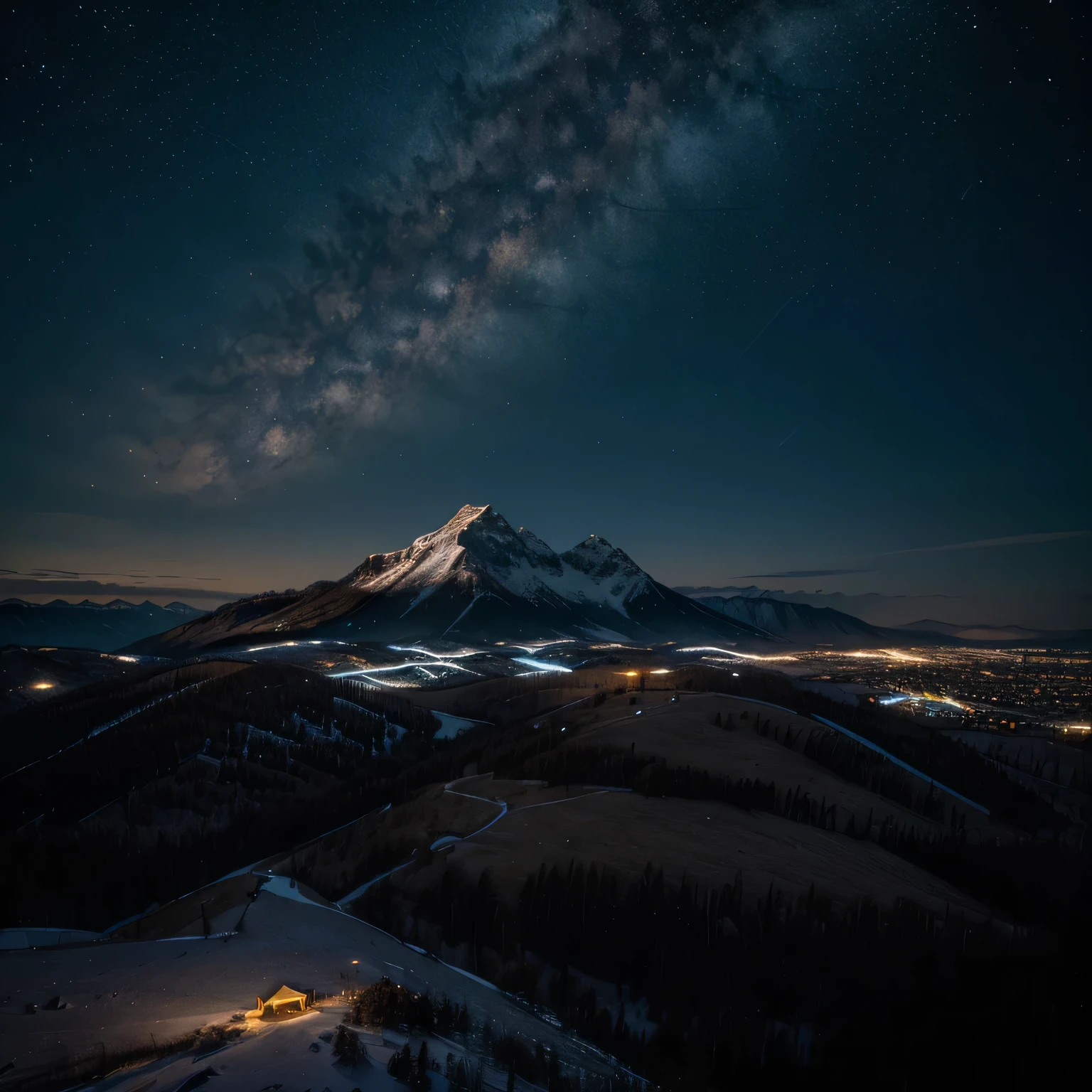 landscape, scenery, no humans, building, wide shot, semi realistic, masterpiece, sharp focus, ultra detailed, absurdres, highres, dynamic lighting, collapse, dusty, asphalt 1. Generate an AI image depicting a serene mountain landscape under a vast, star-filled sky, capturing the tranquility and solitude of the scene.
2. Create an AI artwork showcasing the majestic silhouette of a mountain range against the backdrop of a dark, starry sky, invoking a sense of awe and wonder.
3. Craft an image using AI algorithms that portrays the cosmic beauty of a night sky filled with twinkling stars above a solitary mountain peak, evoking a feeling of peaceful isolation.
4. Use AI to generate a visual representation of a remote mountain setting enveloped by the brilliance of countless stars, emphasizing the stillness and vastness of the natural environment.
5. Produce an AI-generated image capturing the quiet majesty of a lone mountain beneath a canopy of shimmering stars, conveying a sense of introspection and cosmic connection.
6. Create an AI artwork that transports the viewer to a tranquil mountainscape illuminated by the celestial glow of a star-lit sky, inviting contemplation and reflection on the mysteries of the universe.