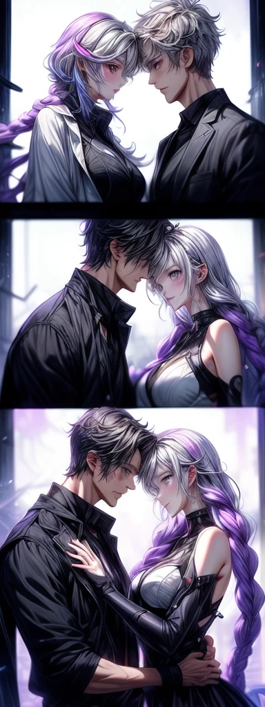 Disorganized、Man and woman couple、highest quality、Masterpiece、Official Art、16K、The best composition、The best light source、The girl has milky white hair with purple inner color, twin long braids, and black clothes in a cyberpunk style.、The man has milky white short hair and a cyberpunk look in white and light blue.、They are gazing at each other lovingly.、A kind smile、