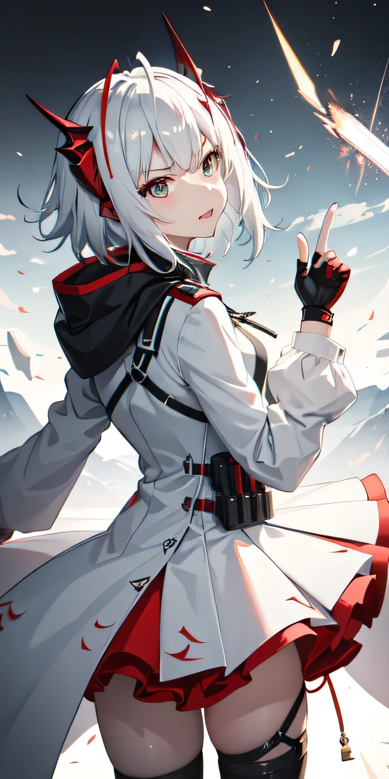 W，Ark of Tomorrow，Arknights，white hair, Wishdale， White background，wallpaper, light, Side Light, w_arknights, open jacket, Thumb up the middle finger，irritable，excited，Angry，back，back to camera