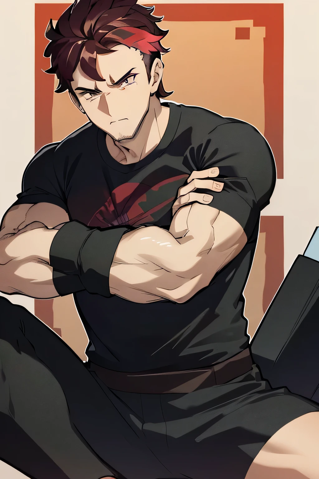 Diamant is sitting and flexing his biceps. He wears a black tshirt with short sleeves and black boxershorts. He looks stoic and serious.