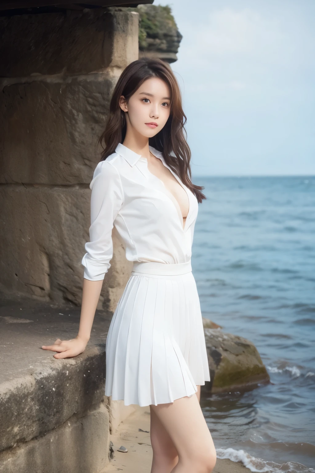 Beautiful woman with perfect body：1.4，Layered Hairstyle，Prominent cleavage，Highly detailed face and skin textures，Double eyelids，Skin Whitening，Long hair，Whitened long legs，（White shirt，Pleated Skirt）Standing by the sea