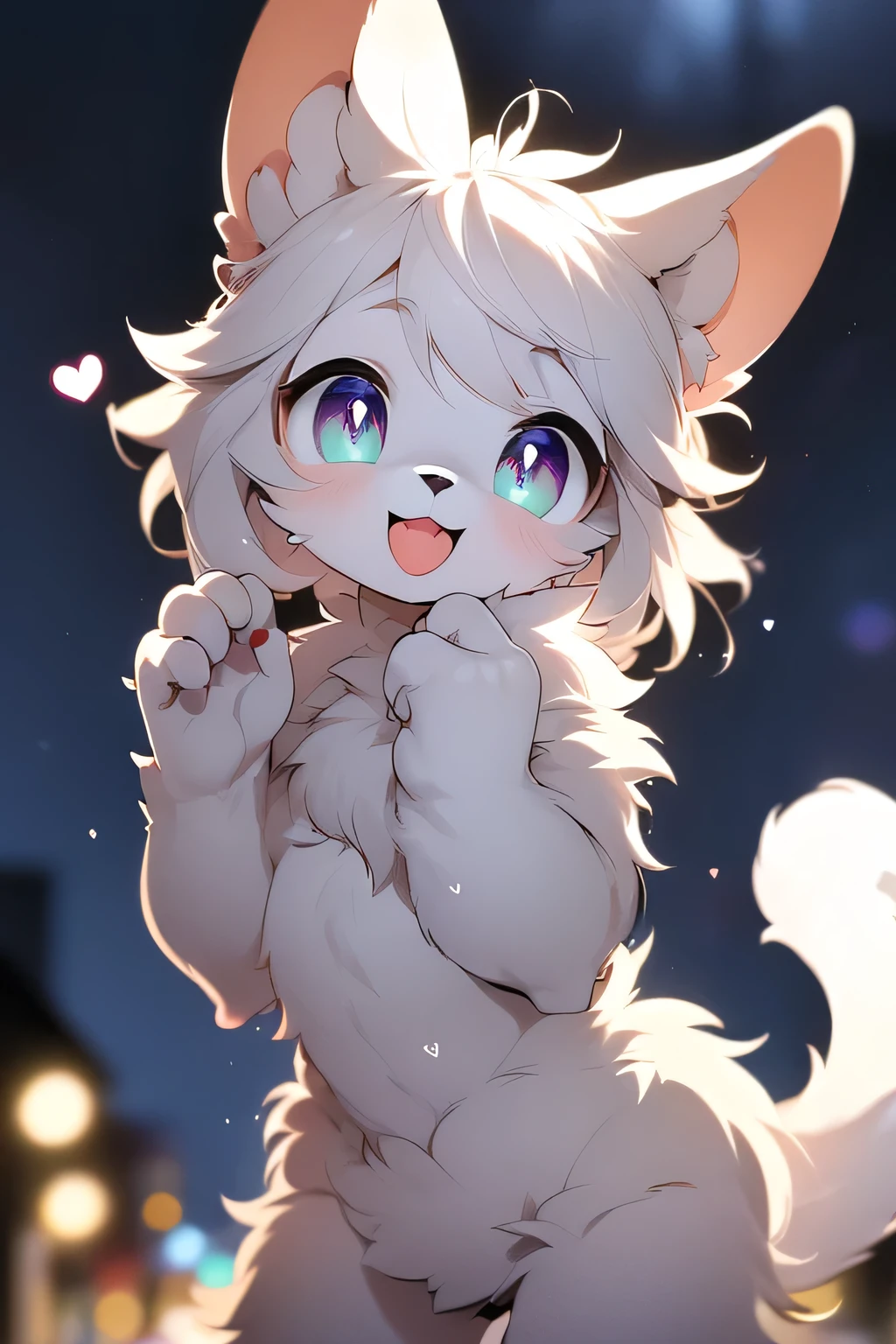 (masterpiece), best quality, expressive eyes, perfect face, one furry tricolor fur cat boy, male focus, black and white and brown fur cat boy, topless, short-height, low angle shot, open legs, tail, smiling, sweat drop, looking up from ground, opening mouth, night sky, trying to kiss the viewer, getting closer, embarrassed, heart-shaped pupils, invitation, concealing penis with his hands, tongue out
