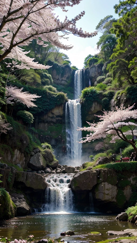 Uma paisagem com um rio, waterfall and cherry blossoms in the garden of Japan