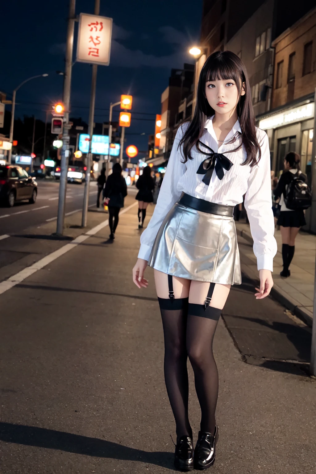   girl - 16 yearing on a neon street at midnight、Phenomenally cute,  for girls、summer mini leather skirt 、unreal 、loafers、She wears black tights that show a little bit of skin.、black tights、Japanese High School 、Nogizak idol、garters до бёдер, Beautiful full body、garters、кольцо для garters、leg garter.