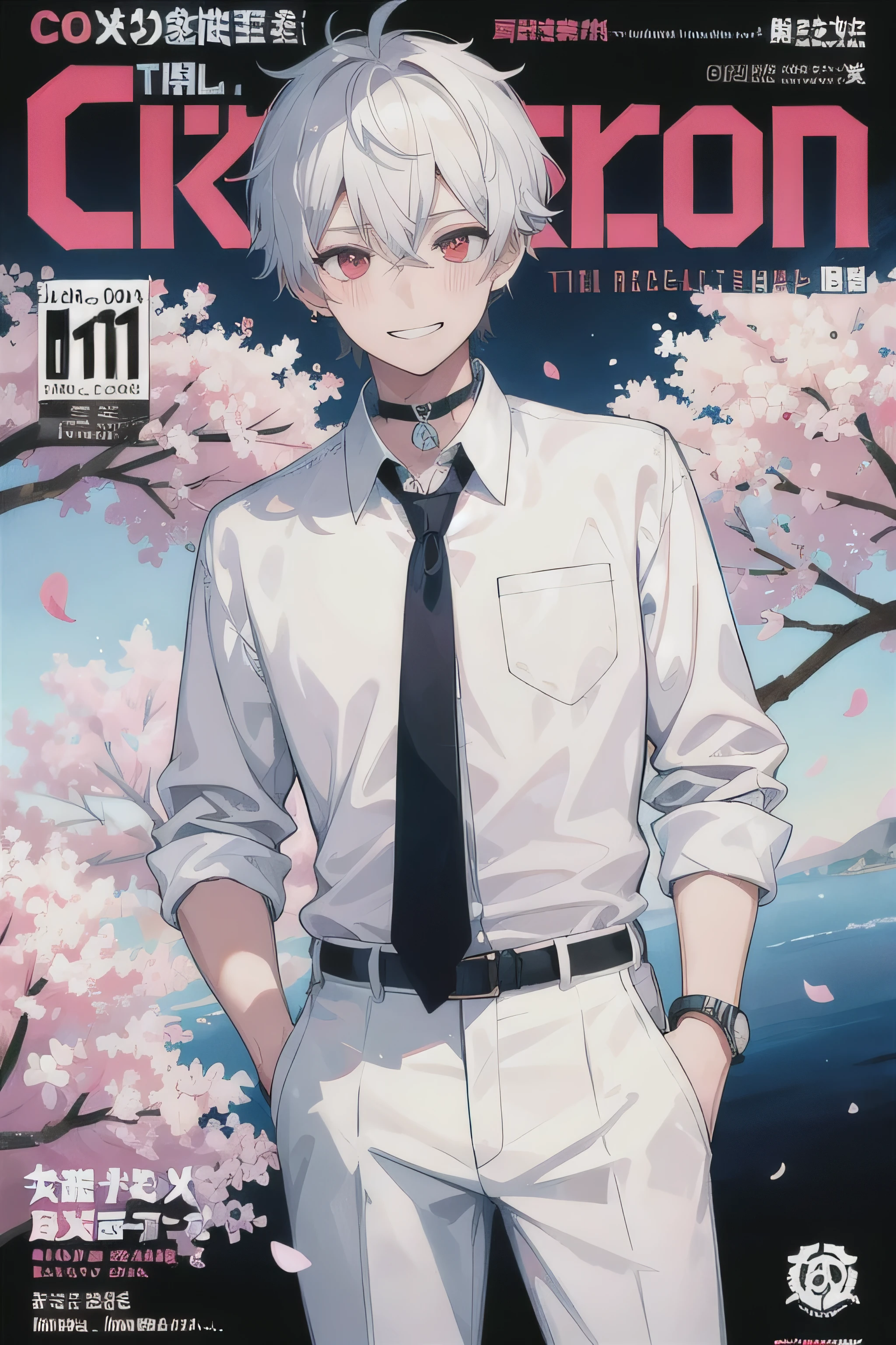 masterpiece, best quality,  full body,
1boy, bangs, black choker, black necktie, white hair, blue pants, blush, bracelet, choker, clothes around waist, collarbone, collared shirt, cowboy shot, shirt, ear piercing, eyebrows visible through hair, gradient hair, grin, kogal, short hair, looking at viewer, loose necktie, necktie, piercing, plaid, plaid pants, red eyes, ring, , shirt, pants, smile, solo, white shirt,
street, sky, cherry blossoms, petals,illustration, (magazine:1.3), (cover-style:1.3), fashionable, man, vibrant, outfit, posing, front, colorful, dynamic, background,  elements, confident, expression, holding, statement, accessory, majestic, coiled, around, touch, scene, text, cover, bold, attention-grabbing, title, stylish, font, catchy, headline, larger, striking, modern, trendy, focus, fashion,