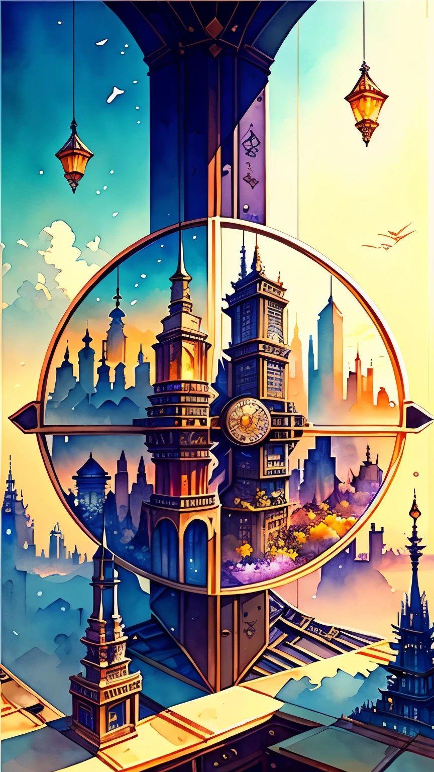 best quality, super fine, 16k, delicate and dynamic, superb watercolor landscape painting, with cyberpunk dieselpunk clockpunk steampunk cities towering on all four sides of the kaleidoscope, new and old, learning from the past, (magnificent view:1.5)