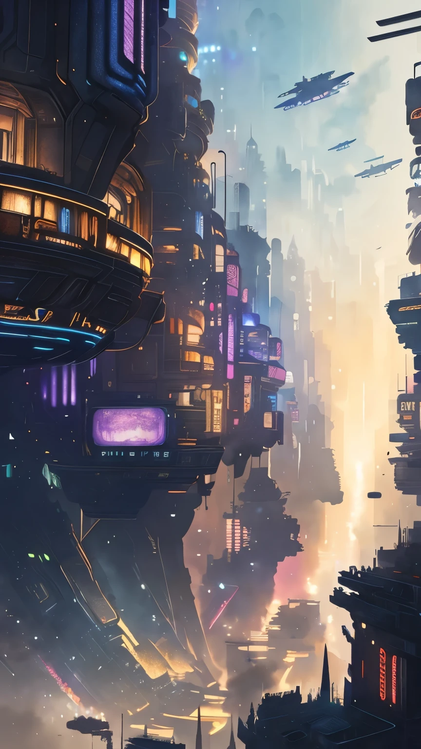 best quality, super fine, 16k, delicate and dynamic, superb watercolor landscape painting, with cyberpunk dieselpunk clockpunk steampunk cities towering on all four sides of the kaleidoscope, new and old, learning from the past, (magnificent view:1.5)