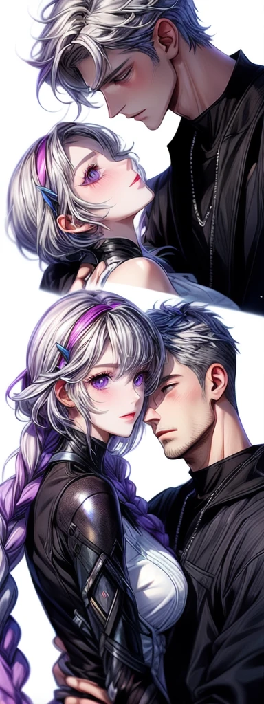 Disorganized、Man and woman couple、highest quality、Masterpiece、Official Art、16K、The best composition、The best light source、The girl has milky white hair with purple inner color, twin long braids, and black clothes in a cyberpunk style.、The man has milky white short hair and a cyberpunk look in white and light blue.、They are gazing at each other lovingly.、A kind smile、Reunion after a long time、Departure、