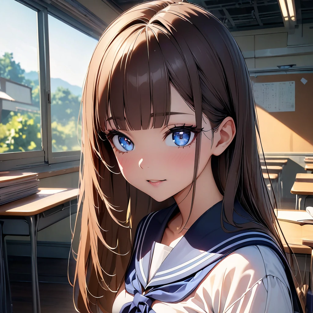 (high quality, 8k, 4K, High Contrast, masterpiece:1.2, 最high quality, Best aesthetics), 1 female, ((Beautiful and exquisite face and eyes,Gorgeous eyes)),The perfect 18 year old, Japanese、Brown Hair、Straight hair,Long Hair,Blunt bangs,Oily skin,Small breasts,、Sailor suit、Blue neckerchief、Pleated mini skirt、classroom、Japanese School、(Intricately detailed environments),(Textures and environments、Professional photos、Perfect lighting).