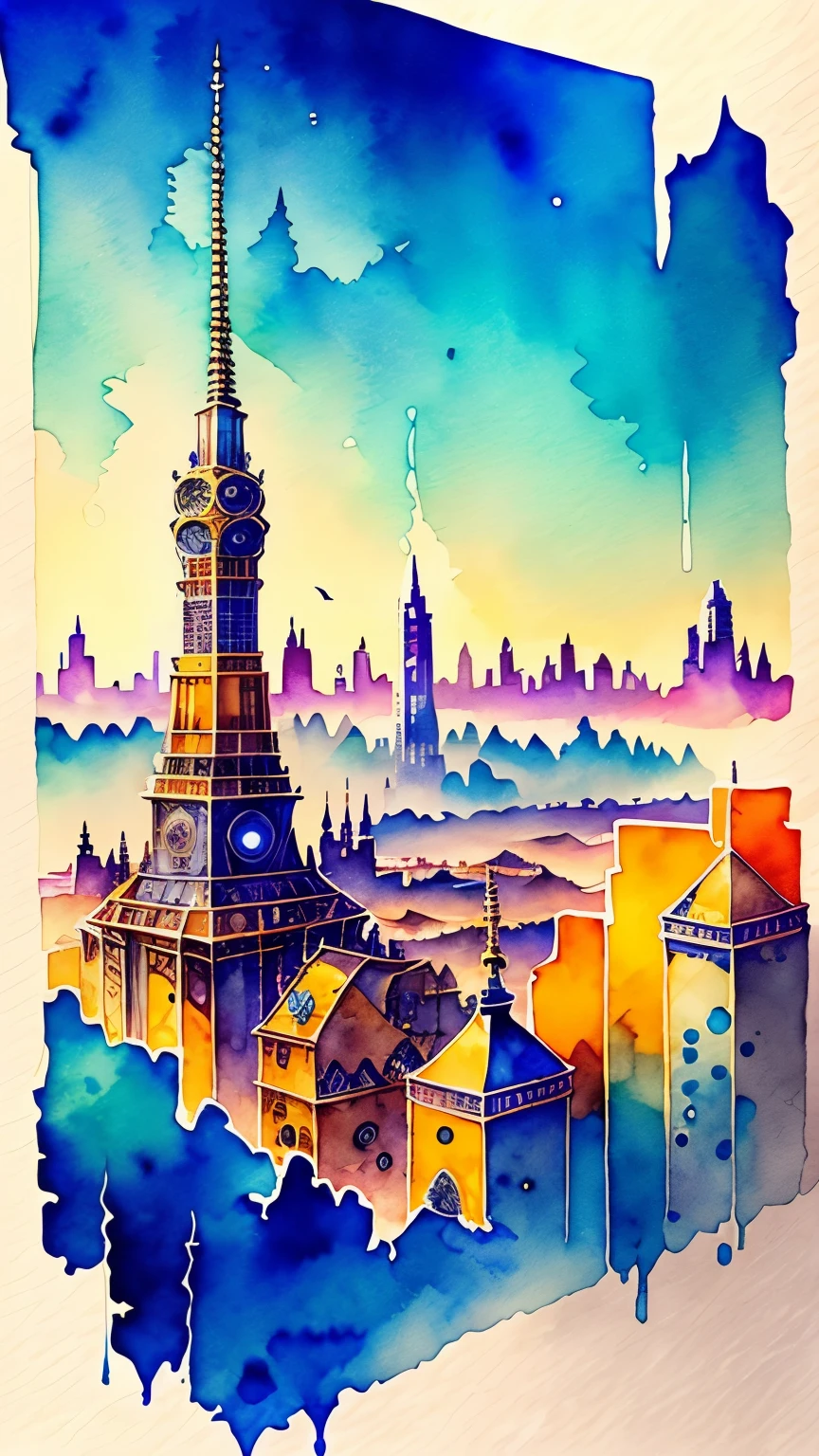 best quality, super fine, 16k, delicate and dynamic, superb watercolor landscape painting, with cyberpunk dieselpunk clockpunk steampunk cities towering on all four sides of the kaleidoscope, new and old, learning from the past, (magnificent view:1.5) , (watercolor techniques, bleeding, layering, dry brushing, sputtering, dripping, gradation, wiping)