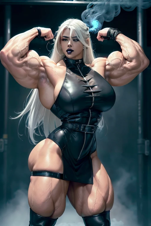 ((((Massive tall, beautiful, buff, light brown skinned muscular woman with white hair, black lipstick, ginormous bulky muscles, welding blue flame and wearing a beautiful black leather minidress)))), close view, black leather minidress, massive muscle, massive biceps, hyper muscle shoulders, ((ginormous muscle arms)), hyper muscle triceps, (long hair), blue eyes, choker, (chain belt), black coat, black boots, (fingerless gloves), (ice smoke surrounding the body), in a darken skyscraper office, sexy glare, night, hyper vascular arm, hyper muscles arms, hyper muscle legs, (ginormous arms).