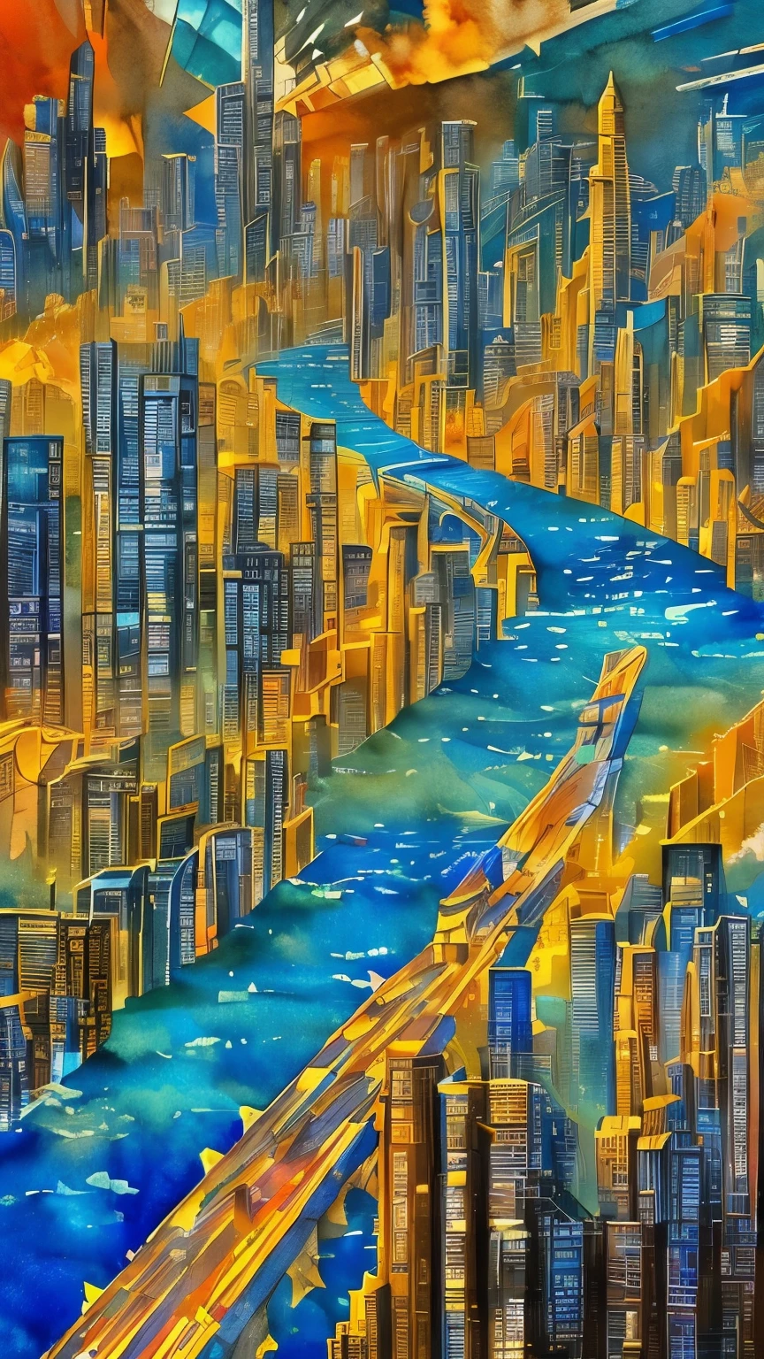 best quality, super fine, 16k, delicate and dynamic, superb watercolor landscape painting, with cyberpunk dieselpunk clockpunk steampunk cities towering on all four sides of the kaleidoscope, new and old, learning from the past, (magnificent view:1.5) , (watercolor techniques, bleeding, layering, dry brushing, sputtering, dripping, gradation, wiping)