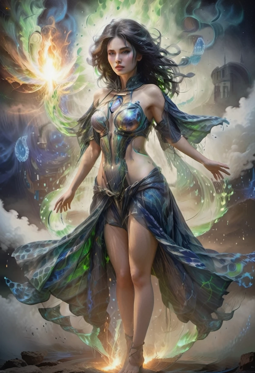 Venus, perfect body Torso, perfect face, face detailed, body wrapped in blue flames, perfect style, psychedelic color, seductive, green transparent cloak, liquid cloak, whirl wind, neon light, UHD, hair blow, long waist hair, surrealism, epic realism, uphold hands, fire tornado background, dark night scene, dark moon, standing on the clouds, ultra detailed, mystical ethereal.